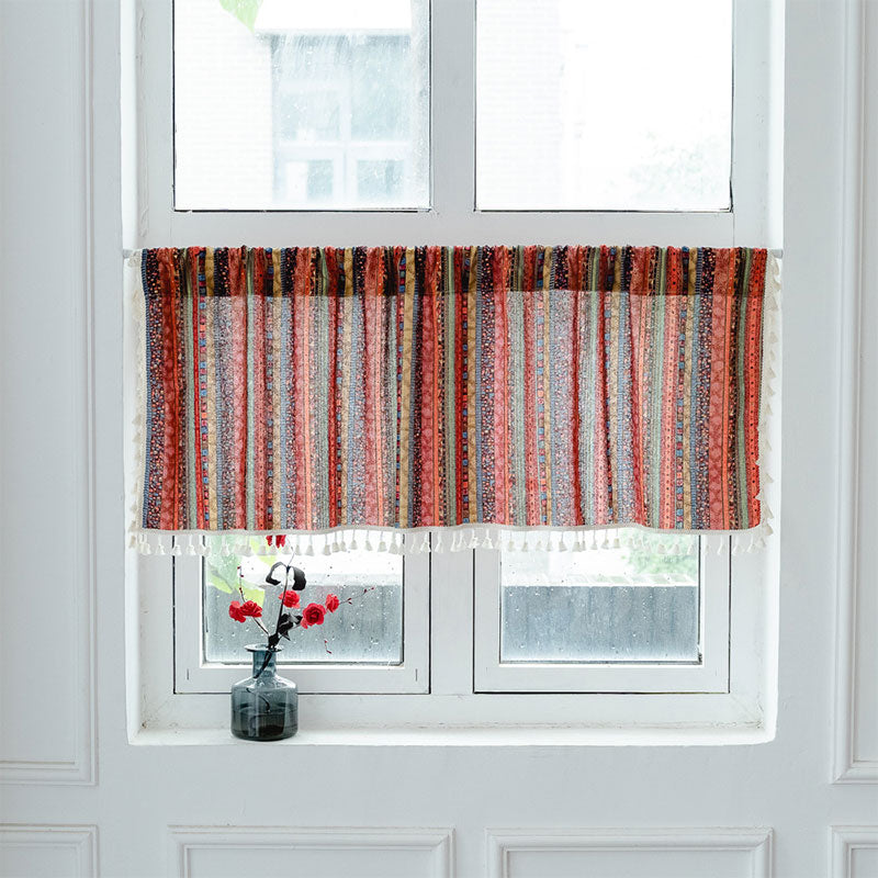 Colorful Plaid Pattern Tassel Tier Curtain in Cotton Linen