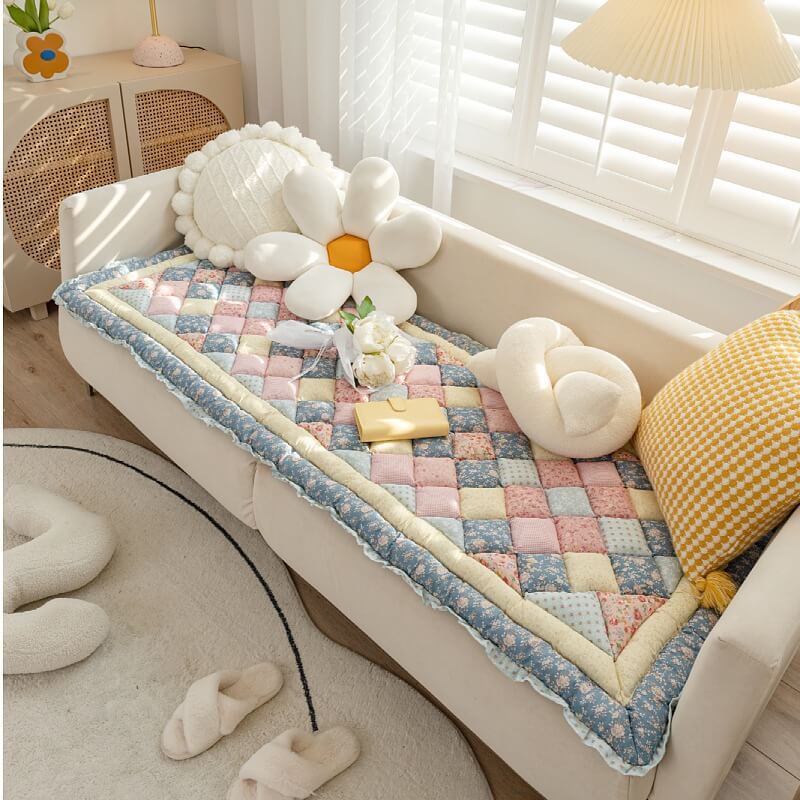Floral Handmade Pure Cotton Protective Couch Cover, Non-Slip