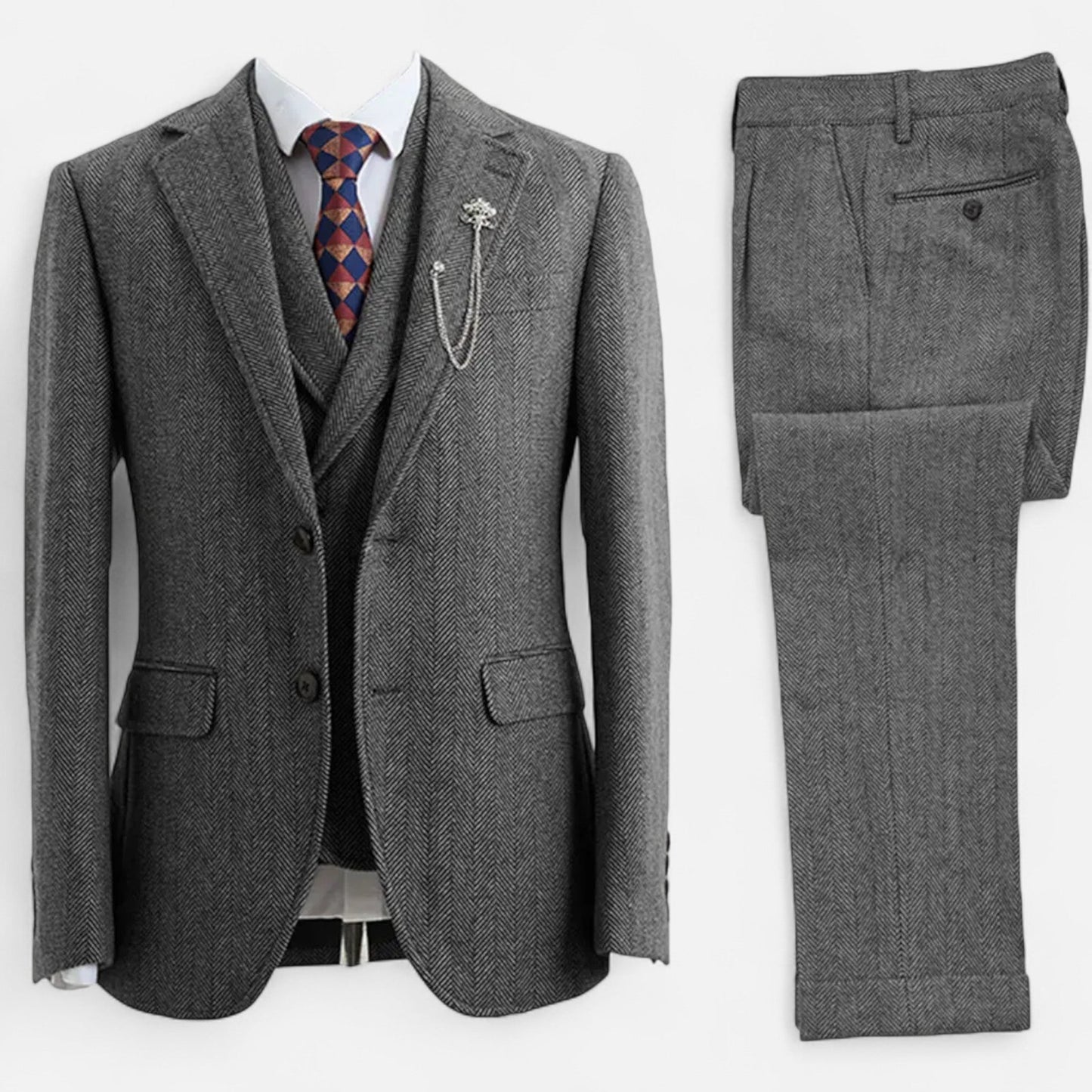 Virashoper Men’s 3-Piece Tweed Herringbone Double-Breasted Suit