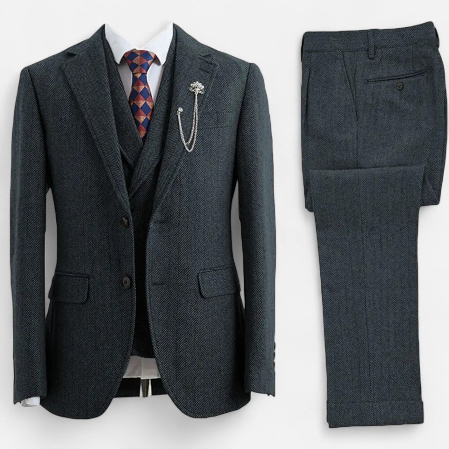 Virashoper Men’s 3-Piece Tweed Herringbone Double-Breasted Suit