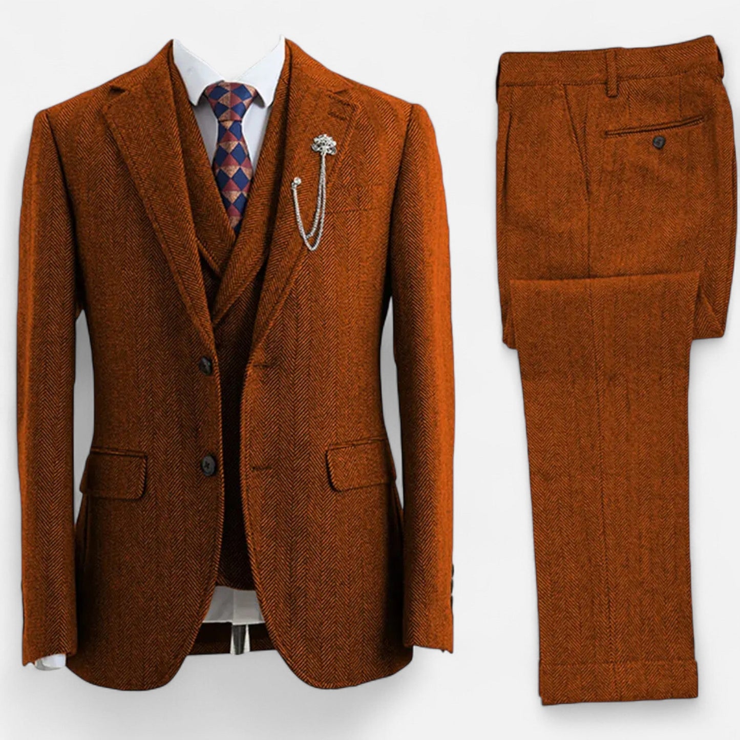 Virashoper Men’s 3-Piece Tweed Herringbone Double-Breasted Suit
