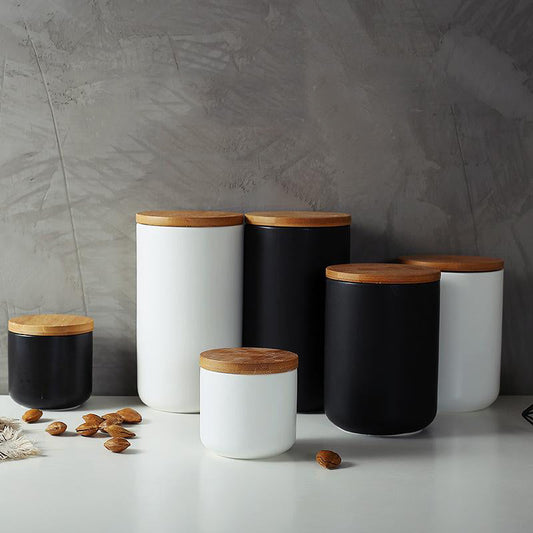Modern Ceramic Storage Jar with Wooden Lid – Black or White