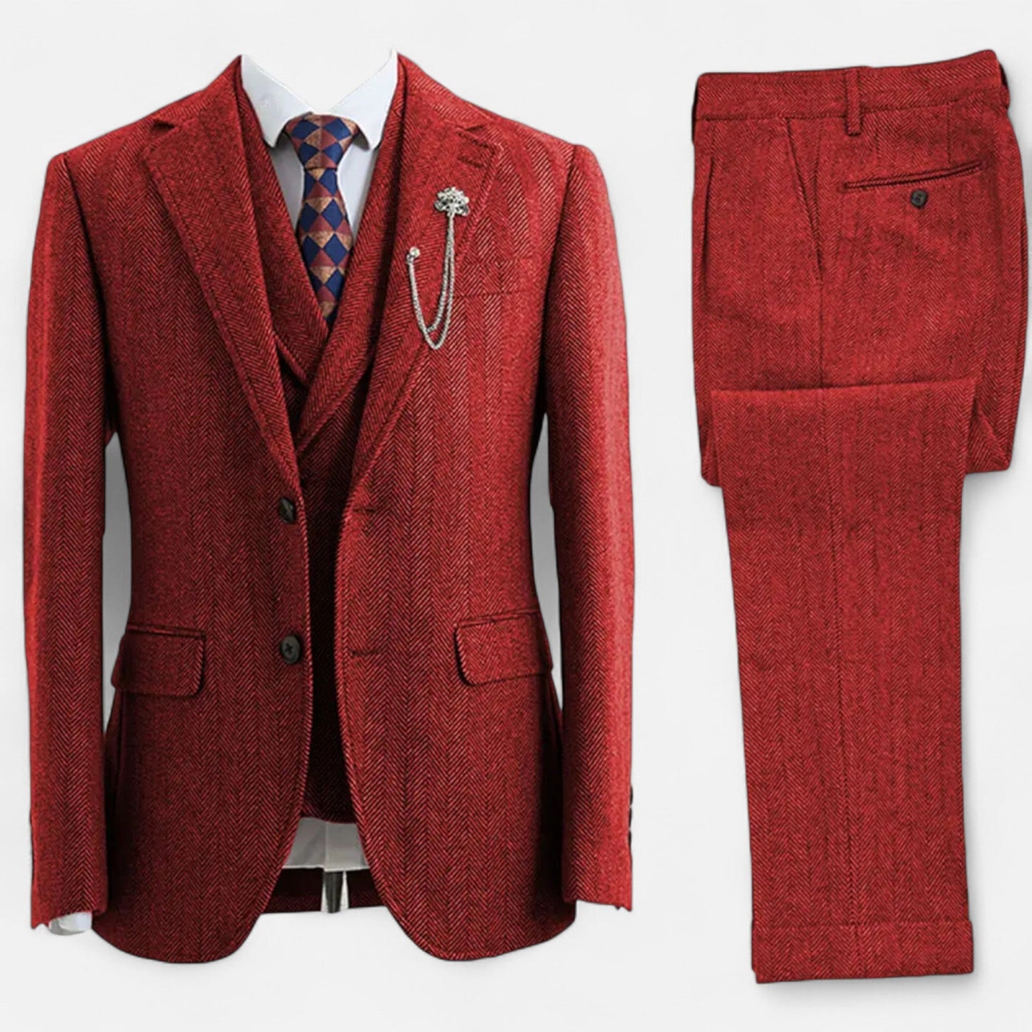 Virashoper Men’s 3-Piece Tweed Herringbone Double-Breasted Suit