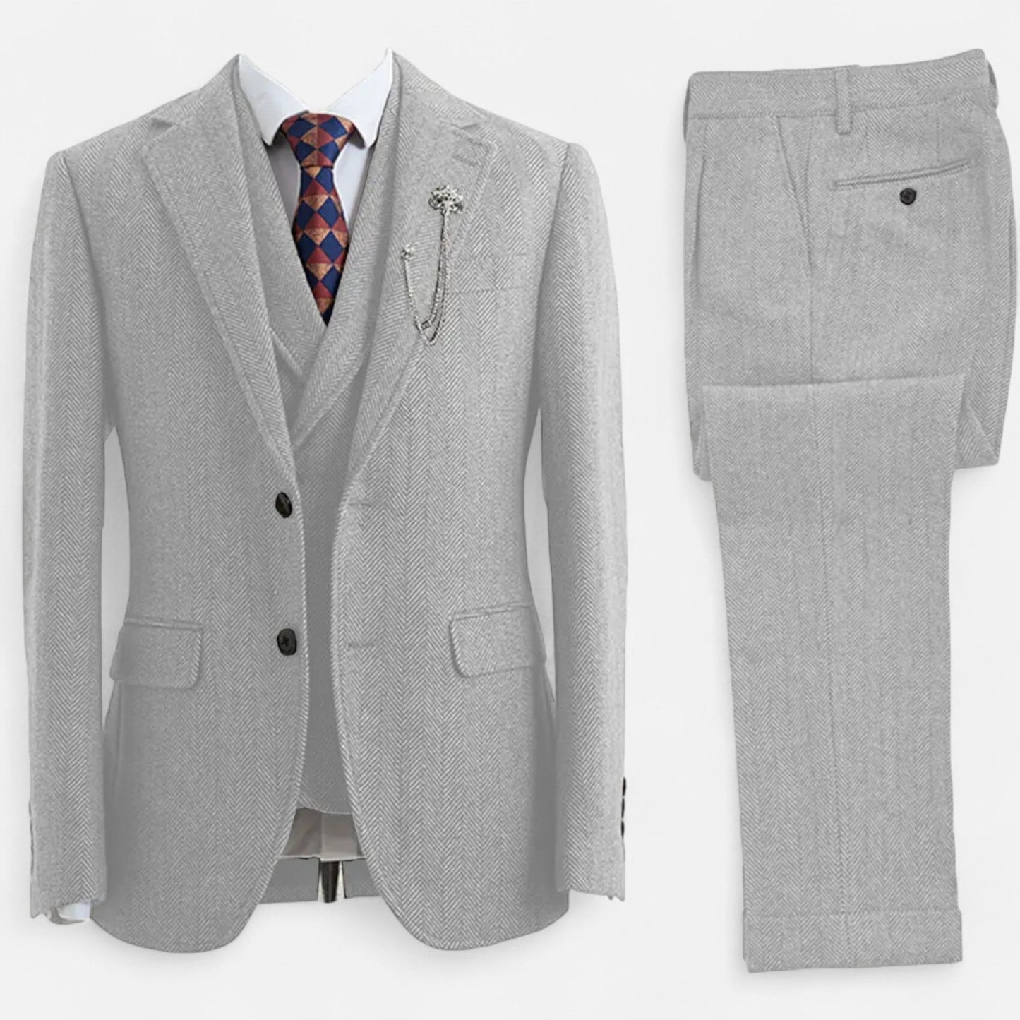 Virashoper Men’s 3-Piece Tweed Herringbone Double-Breasted Suit